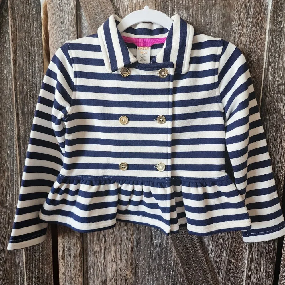 Gymboree Navy and White Knit Stretch Ruffle Peplum Jacket Gold Buttons Size XS 4